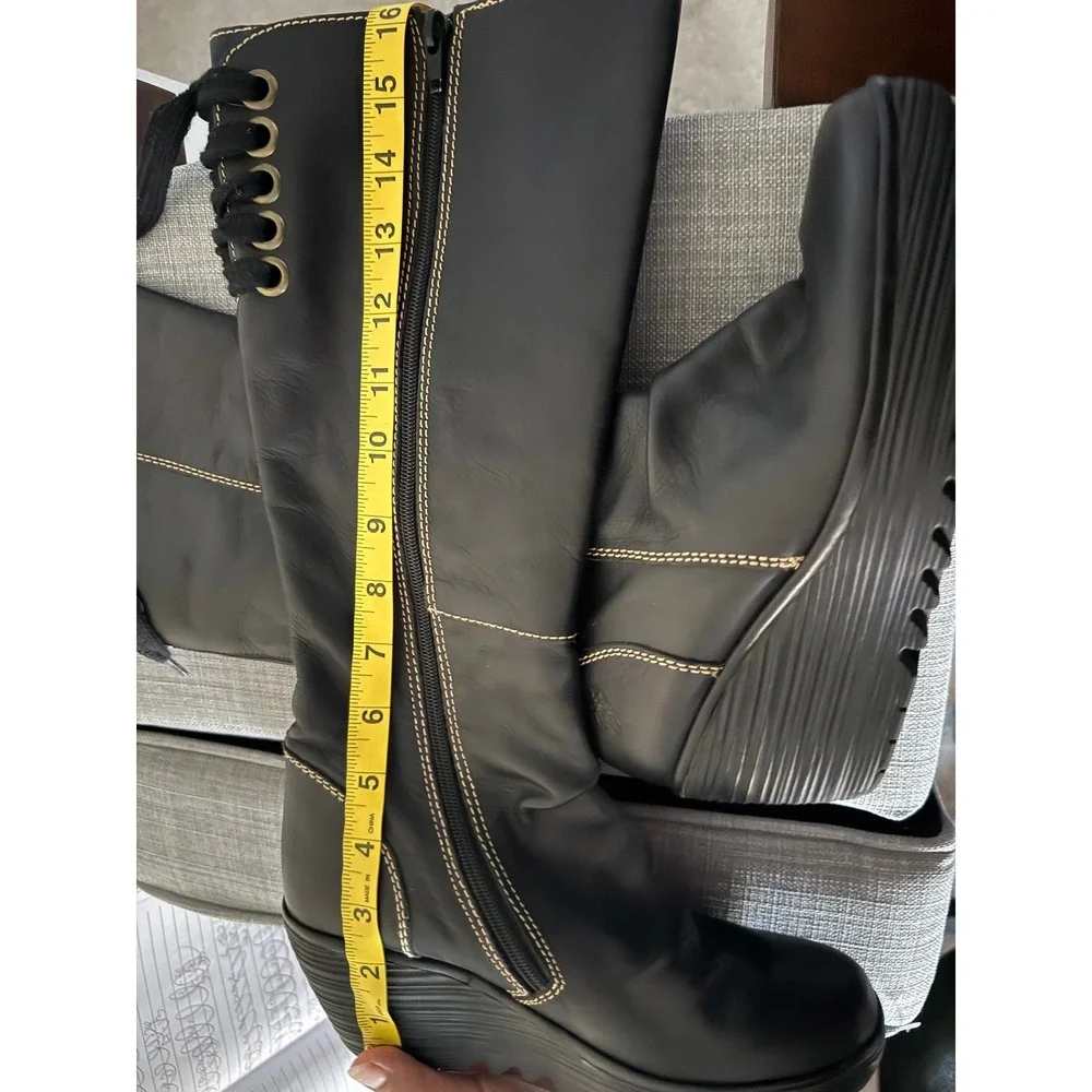Fly London Yust Black Leather Knee High Platform Wedge Boots Women 37 whimsigoth